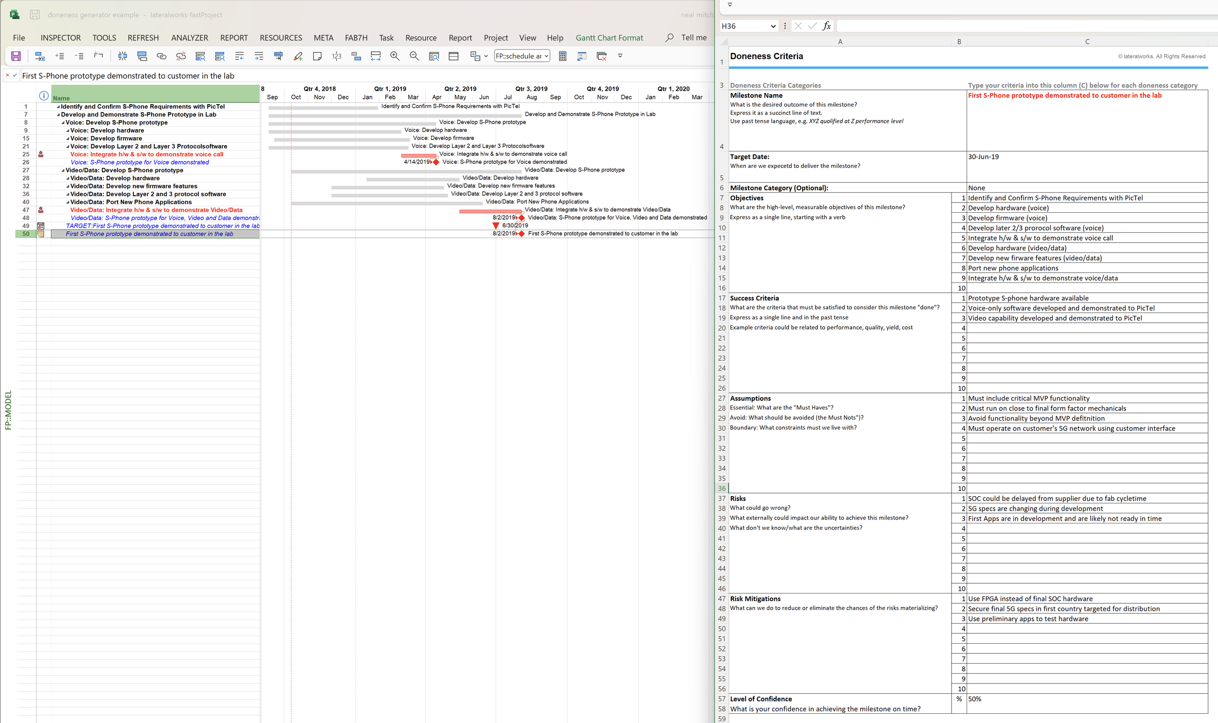 Once the doneness criteria is defined in the spreadsheet, it is imported to fastproject where the build process continues