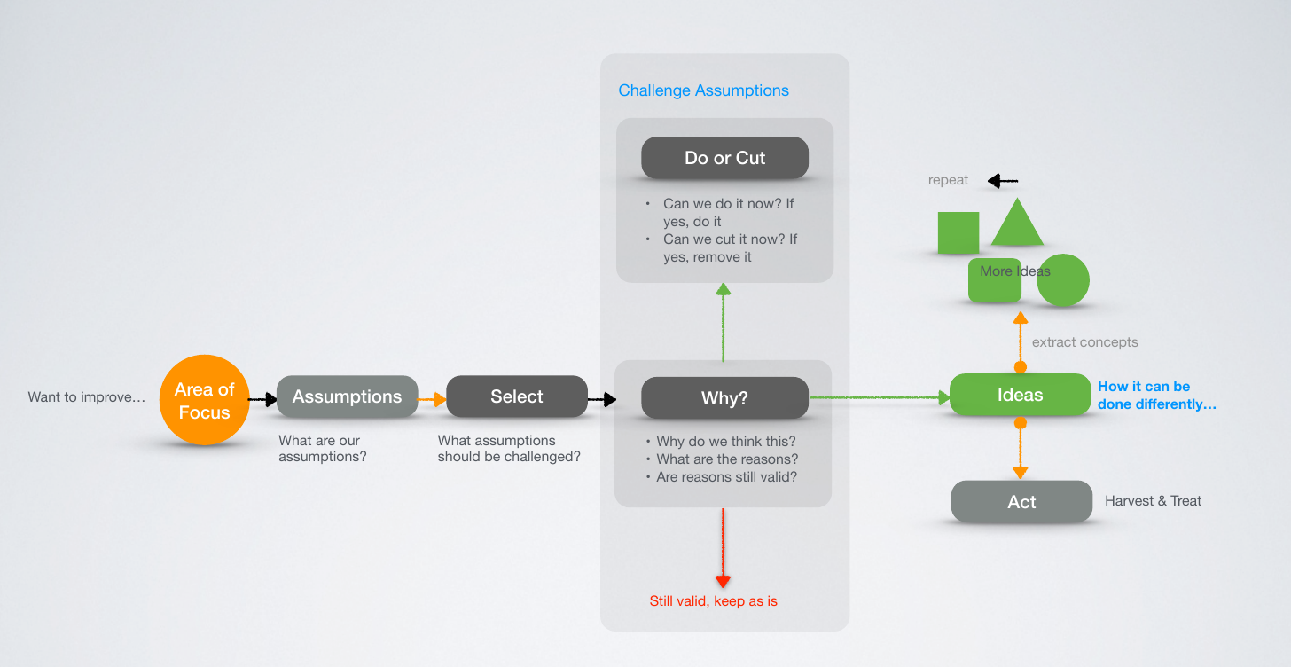 The challenge process flow, from area of focus through assumptions, select, why, do or cut, ideas, and act