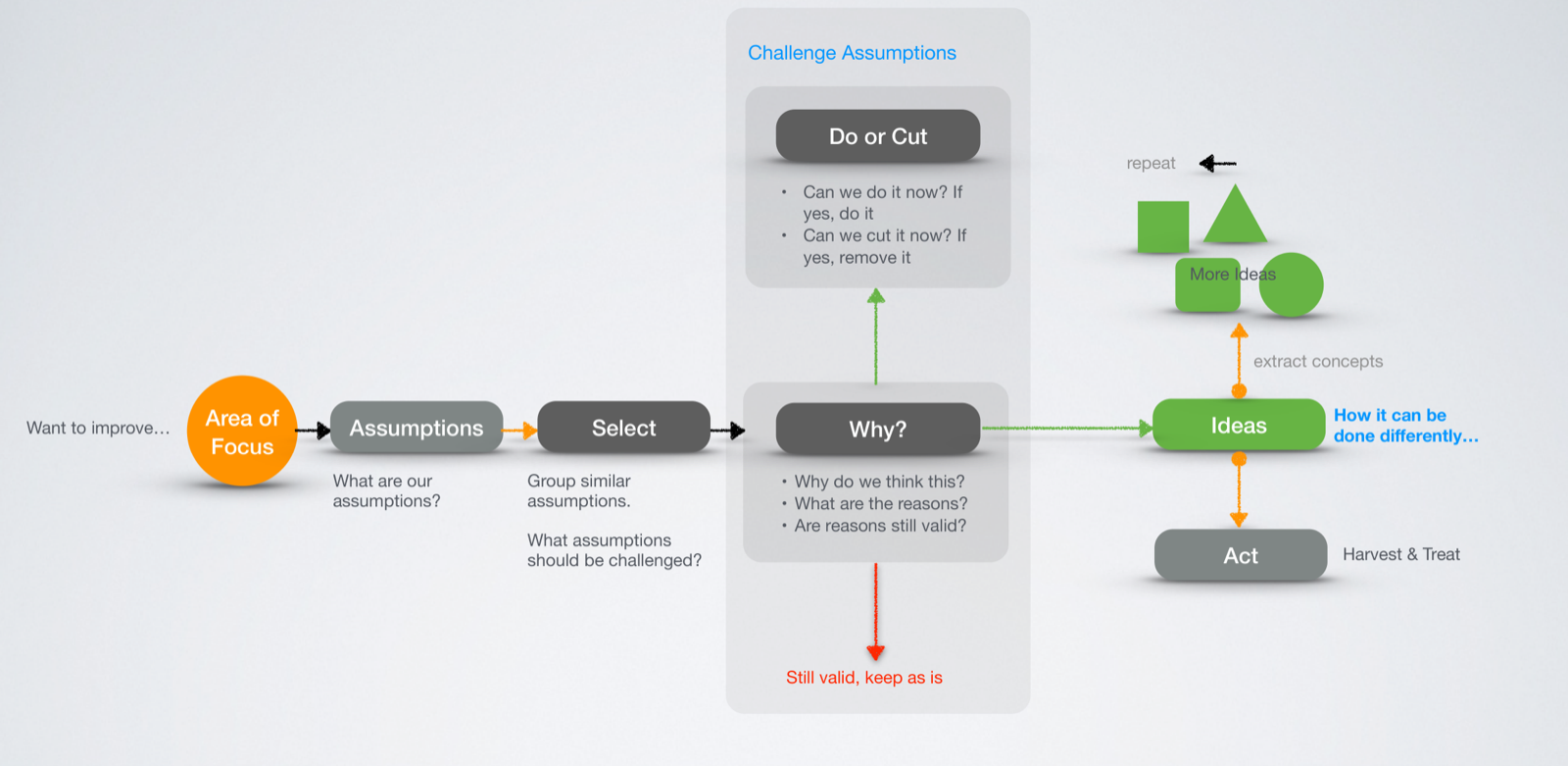 The challenge process flow from area of focus through assumptions, select, why, do or cut, ideas, and act
