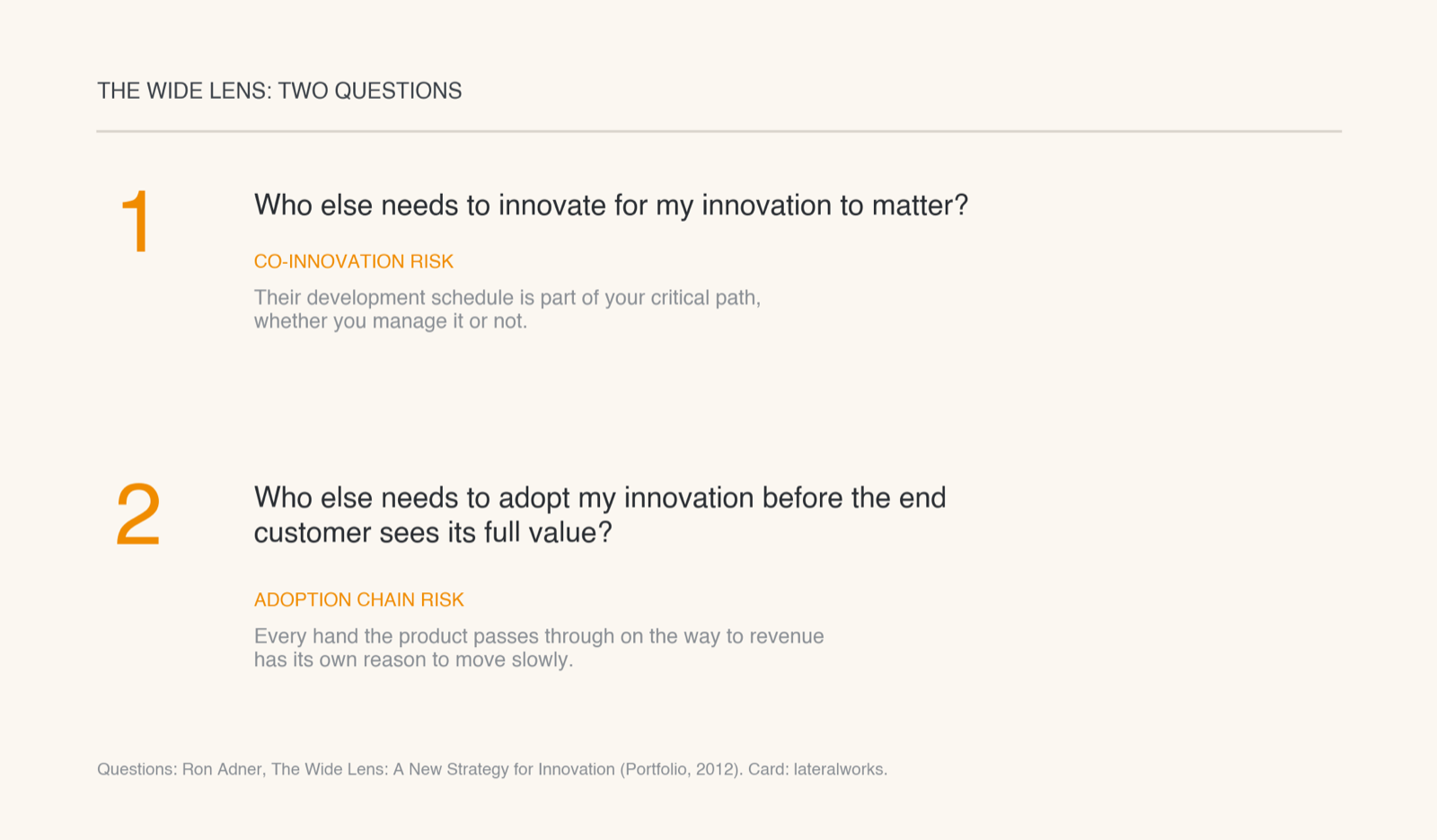 Card listing Ron Adner’s two wide-lens questions: who else needs to innovate, and who else needs to adopt